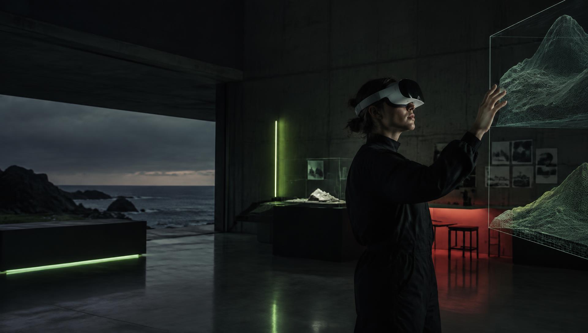 Créatrice utilisant un casque XR dans un laboratoire face à l’océan